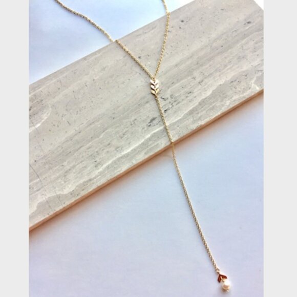 Gold Chevron & Freshwater Pearl "Y" Long Necklace - Picture 2 of 3